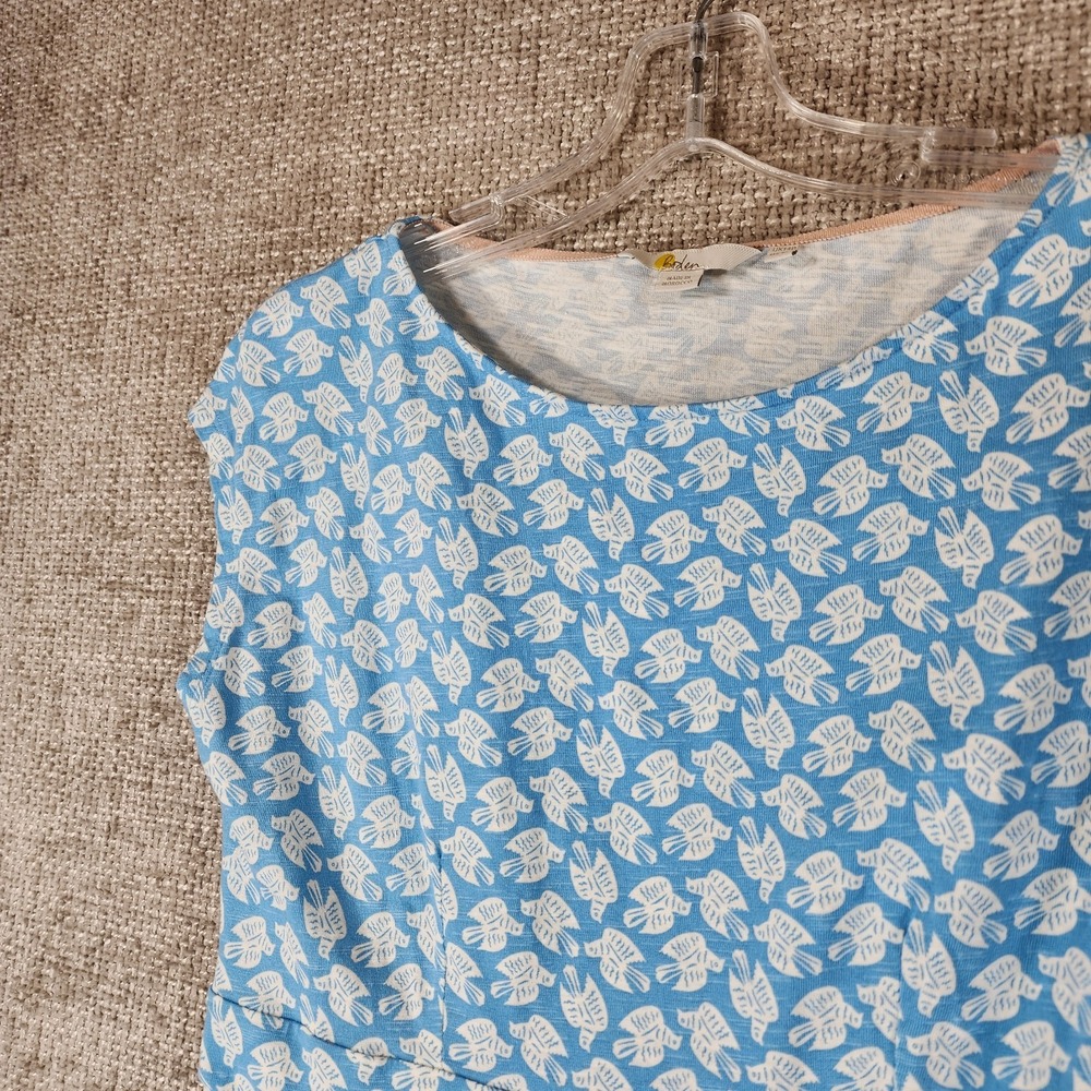 BODEN Blue White Florrie Dove Bird Print Dress Womens 10P Pockets Stretch Knit - Picture 2 of 11